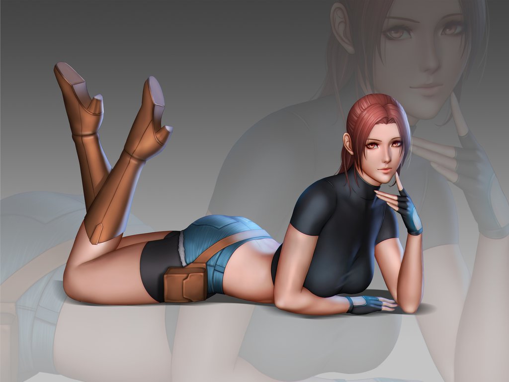 1girl, ass, audia_pahlevi, bike_shorts, claire_redfield, crop_top, denim, denim_shorts, fingerless_gloves, gloves, legs_up, looking_at_viewer, lying, on_stomach, redhead, resident_evil, shorts, solo