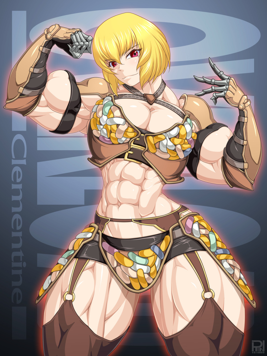 1girl, abs, biceps, blonde_hair, breasts, cleavage, clementine_(overlord), criss-cross_halter