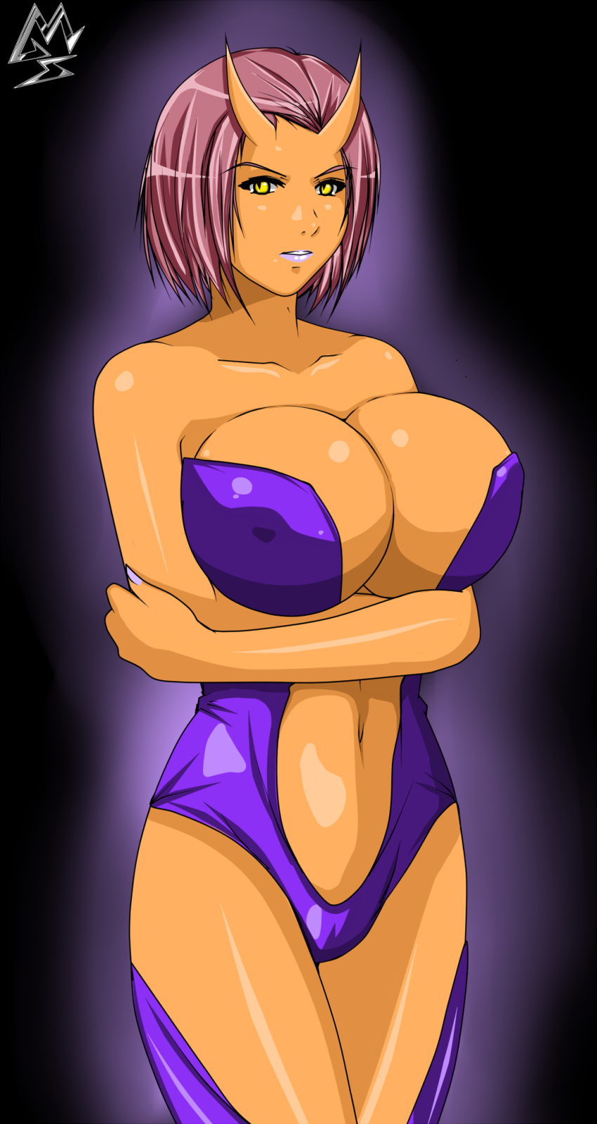 bare_shoulders, black_background, breast_hold, breasts, cellshadfan, crossed_arms, horns, huge_breasts, leotard, lips, lipstick, looking_at_viewer, makeup, navel, open_mouth, orange_skin, original, pink_hair, short_hair, thigh_gap, vampire, watermark, yellow_eyes