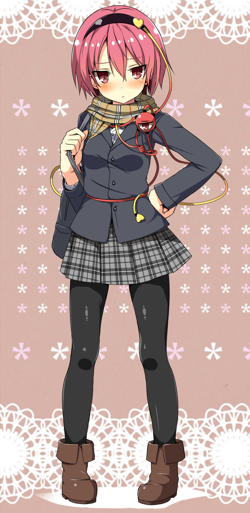 1girl, 5240mosu, alternate_costume, boots, eyeball, komeiji_satori, pink_eyes, pink_hair