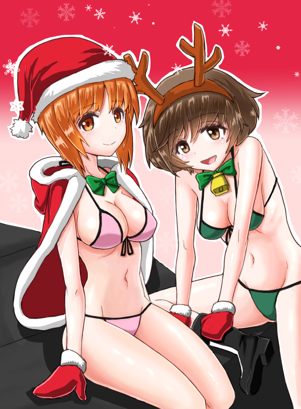 2girls, akiyama_yukari, antlers, arm_support, bell, bikini, brown_eyes, brown_hair