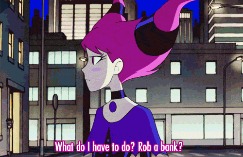 1girl, animated, animated_gif, blue_eyes, choker, dc_comics, jinx, kid_flash