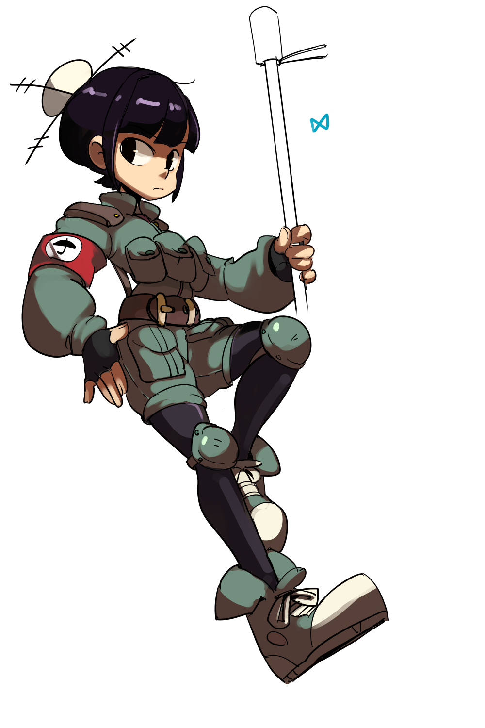 1girl, armband, black_eyes, female, juju_(skullgirls), lkll, short_hair, simple_background