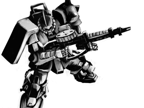 gun, gundam, mecha, mobile_suit_gundam, monochrome, mori_souchou, no_humans, simple_background