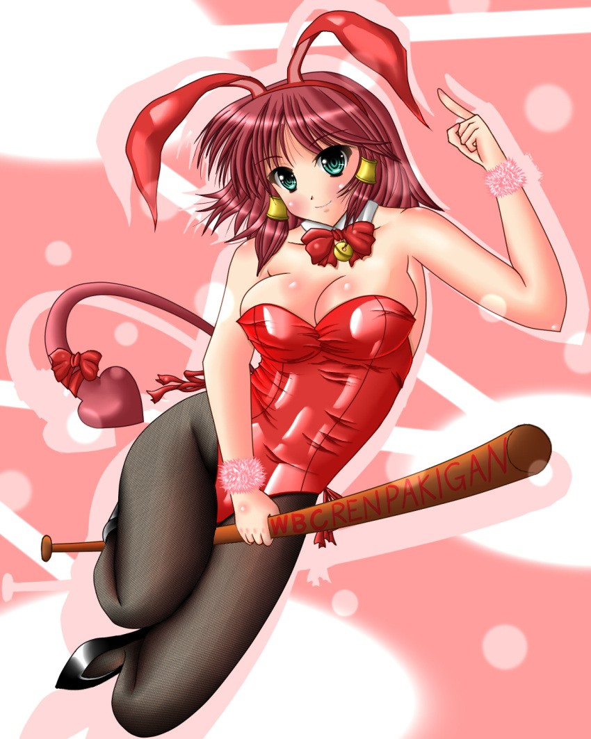 baseball_bat, bunny_ears, bunnysuit, ente, fishnet_pantyhose, fishnets, green_eyes, highres