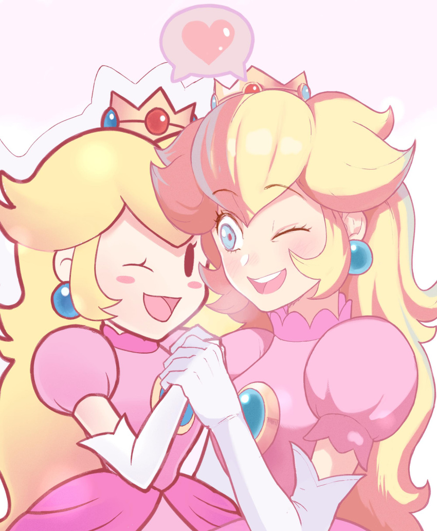 2girls, blonde_hair, crown, dress, dual_persona, earrings, happy, heart