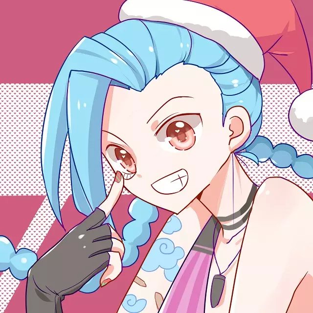 1girl, amiemie, blue_hair, braid, christmas, hat, jinx_(league_of_legends), league_of_legends