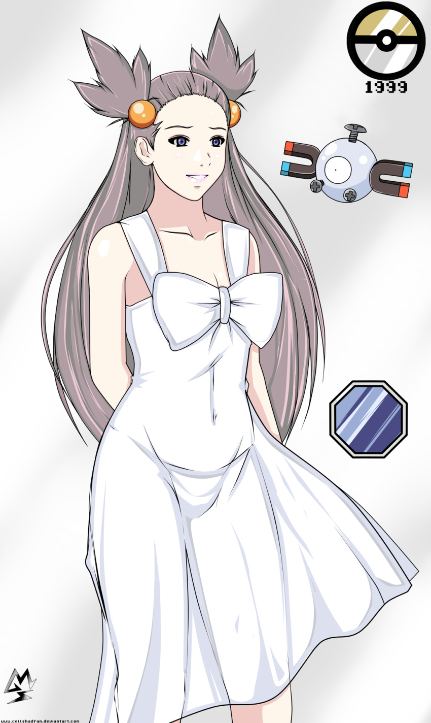 90s, brown_hair, cellshadfan, dress, gym_leader, long_hair, magnemite, mikan_(pokemon)