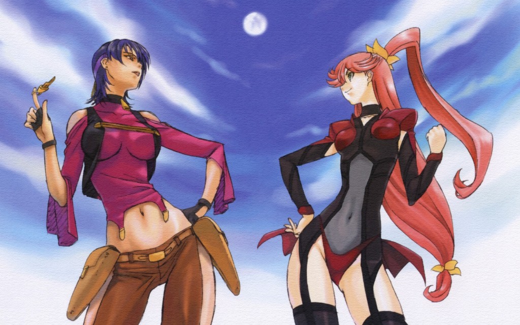 2girls, absurdres, bare_shoulders, breasts, carmen99, female, gloves, green_eyes