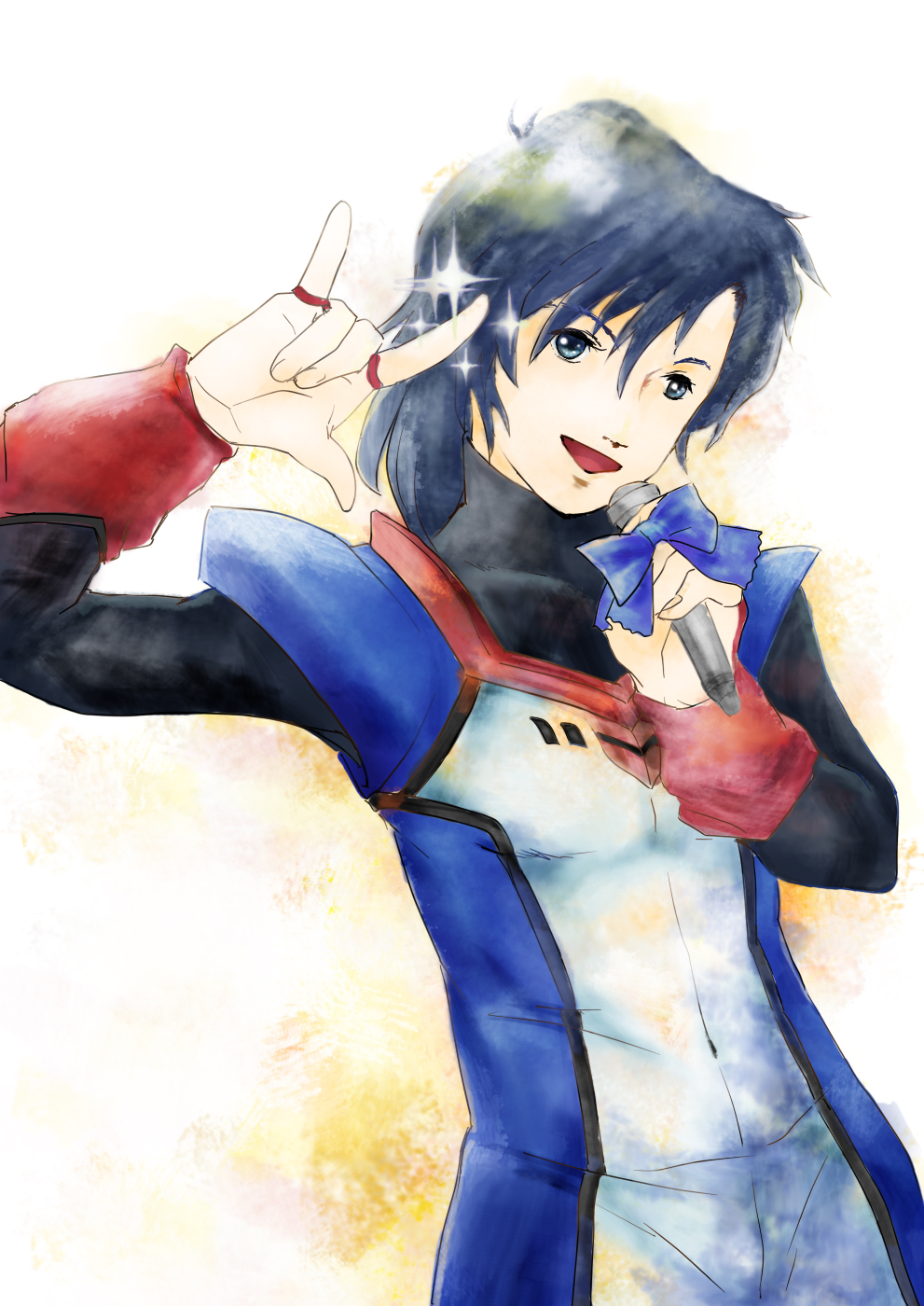 1boy, \m/, artist_request, blue_eyes, blue_hair, choujikuu_seiki_orguss, gradient, gradient_background