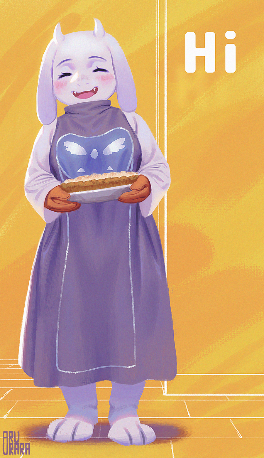 1girl, artist_name, aruurara, book, cake, closed_eyes, english, food, furry, open_mouth, signature, smile, solo, toriel, undertale