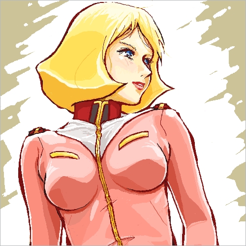 1girl, blonde_hair, blue_eyes, breasts, female, gundam, jungon, military