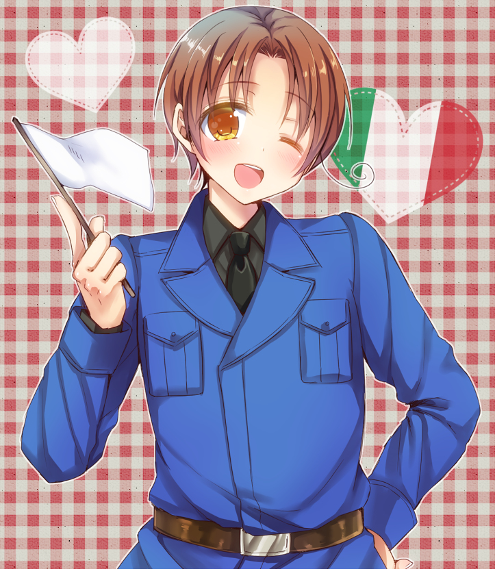 1boy, ;d, aina123, axis_powers_hetalia, brown_hair, flag, heart, italy_(hetalia)