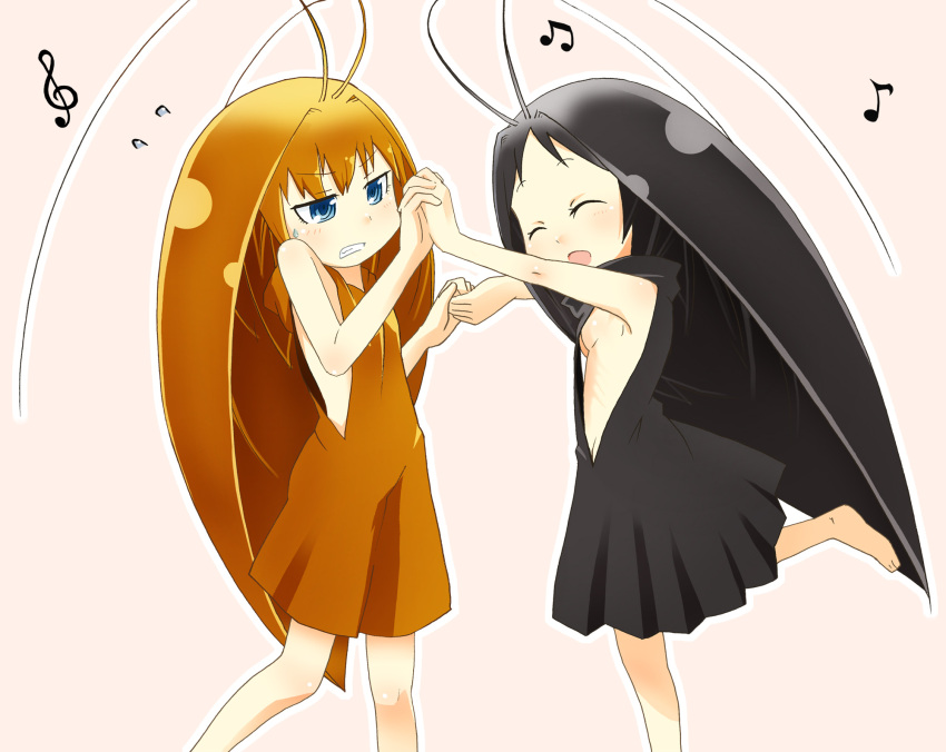 2girls, angry, antennae, armpits, barefoot, black_dress, black_hair, breasts