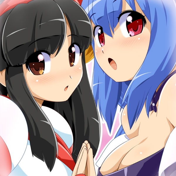 2girls, ainu, ainu_clothes, black_hair, blue_hair, blush, breasts, brown_eyes
