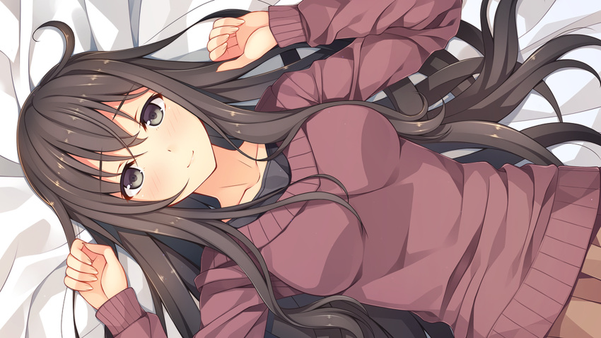 1girl, akabei_soft, bed, black_eyes, black_hair, blush, breasts, clenched_hands