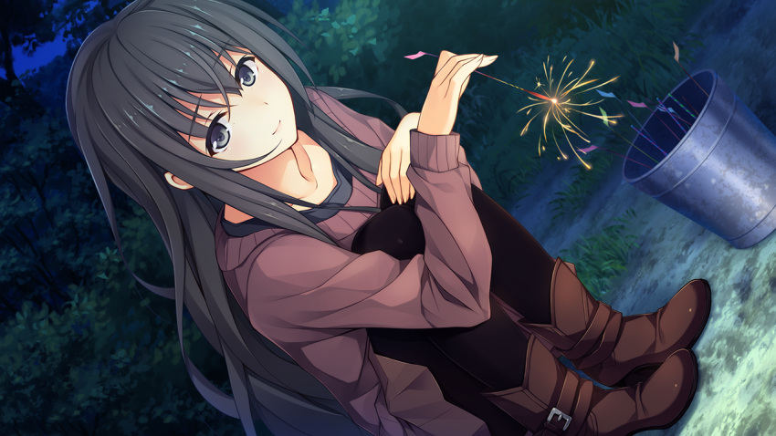 1girl, akabei_soft, black_eyes, black_hair, blush, boots, bucket, dutch_angle