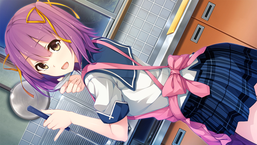 1girl, akabei_soft, apron, ass, blush, dutch_angle, game_cg, hair_ribbon