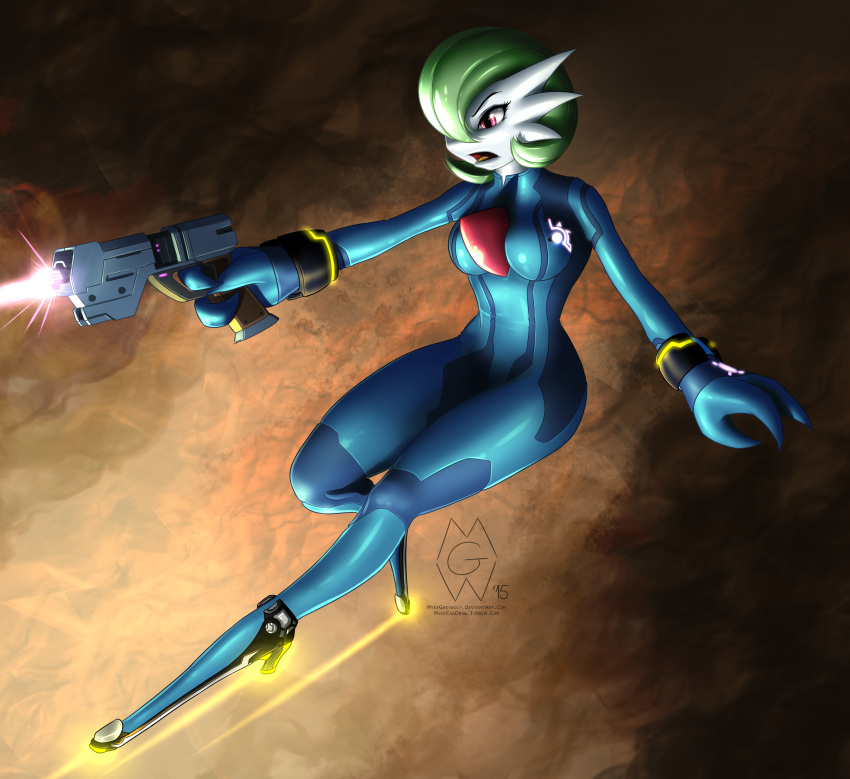 1girl, crossover, female, gardevoir, green_hair, laser, metroid, mykegreywolf, pokemon, pokemon_(game), red_eyes, samus_aran, samus_aran_(cosplay), solo, tongue, weapon, zero_suit