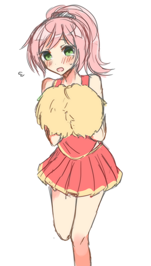 1girl, bare_shoulders, blush, cheerleader, green_eyes, joukamachi_no_dandelion, long_hair, open_mouth