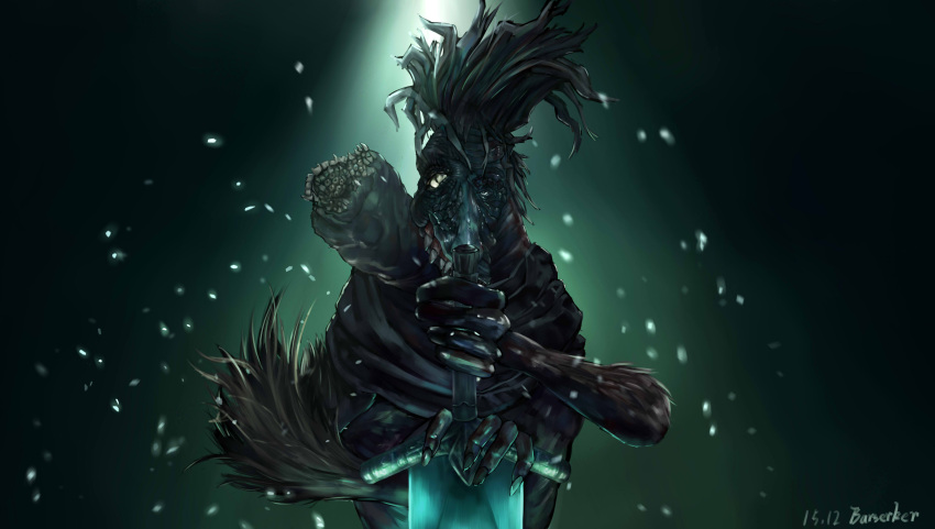 1boy, barserker, bloodborne, dark_background, from_software, glowing, glowing_weapon, light, looking_at_viewer, ludwig_the_holy_blade, monster, monster_boy, moonlight, solo, sword