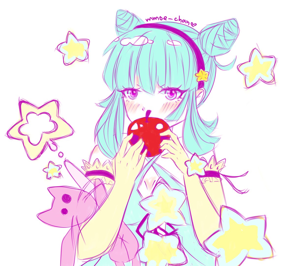 1girl, apple, aqua_eyes, aqua_hair, artist_name, babydoll, bare_shoulders, blue_eyes