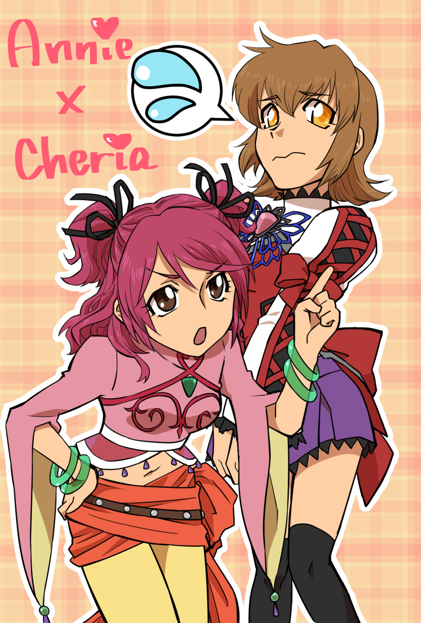 2girls, annie_barrs, belt, bracelet, breasts, brown_eyes, brown_hair, cheria_barnes