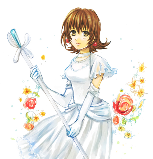 1girl, annie_barrs, breasts, brown_eyes, brown_hair, dress, earrings, elbow_gloves