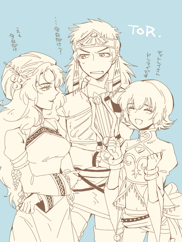 1boy, 2girls, annie_barrs, armor, belt, blue_background, bracelet, breasts