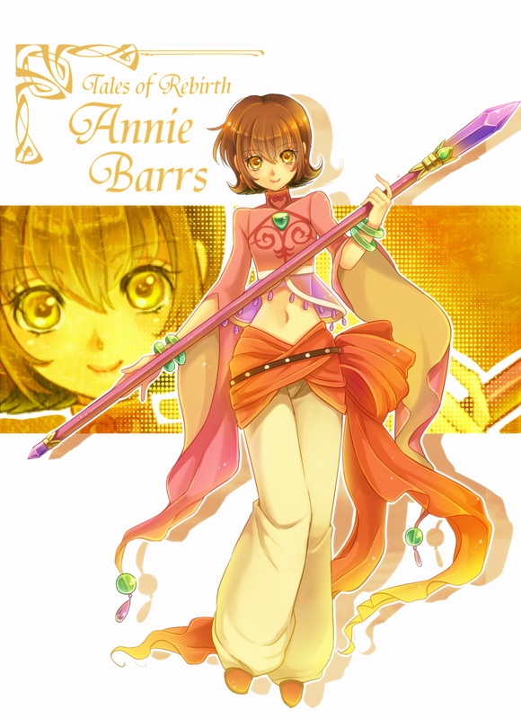 1girl, annie_barrs, belt, bracelet, breasts, brown_eyes, brown_hair, character_name