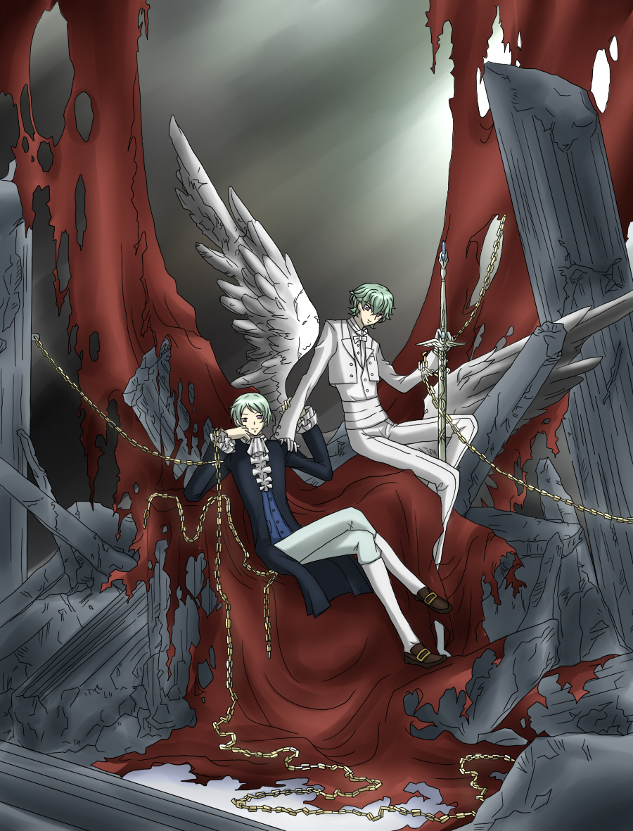 bad_id, chain, chains, clamp, code_geass, derivative_work, formal, green_hair, gundam, gundam_00, hilling_care, innovator, parody, purple_eyes, ribbons_almark, shiduru, sword, violet_eyes, weapon, wings
