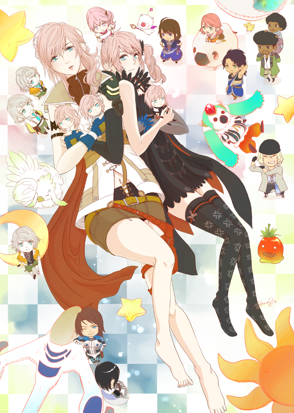 barefoot, carbuncle_(final_fantasy), chibi, chocobo, dajh_katzroy, everyone, final_fantasy, final_fantasy_xiii