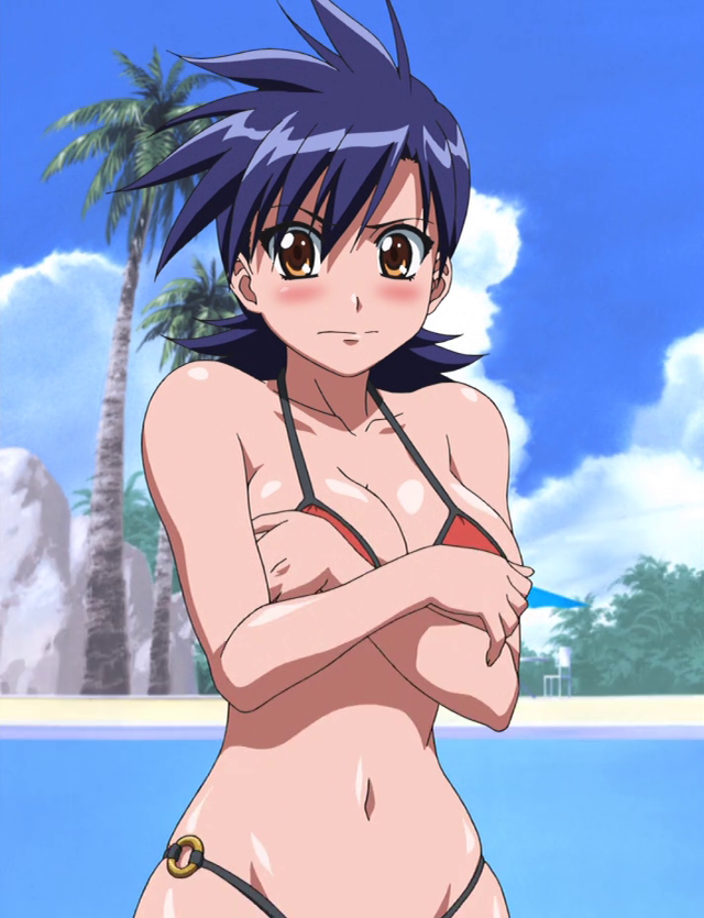 1girl, akahori_gedou_hour_rabuge, bare_shoulders, bikini, blue_hair, blush, breasts, brown_eyes