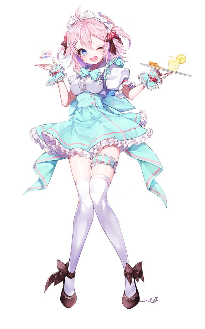 1girl, ;d, ahoge, beverage, black_ribbon, black_shoes, blue_bow, blue_bowtie