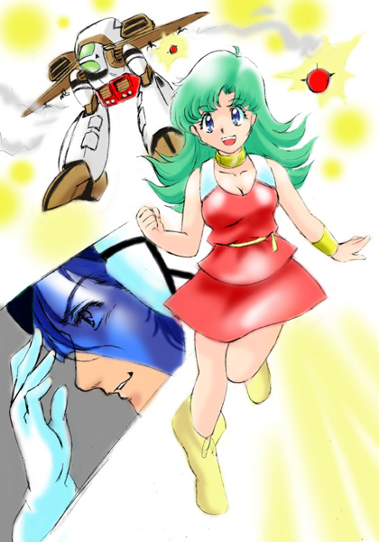 1boy, 1girl, blue_eyes, choujikuu_seiki_orguss, dress, green_hair, kei_katsuragi, long_hair