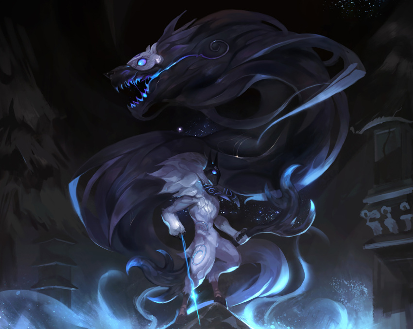 1girl, aura, bow_(weapon), dark_background, fangs, furry, glowing, glowing_eyes, hooves, kim_tae_kyeong, kindred, lamb_(league_of_legends), league_of_legends, mask, monster, weapon, wolf_(league_of_legends)