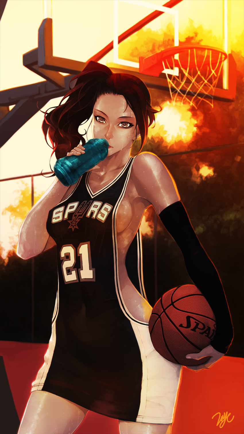 +21yc_(september_breeze), 1girl, 21yc_(september_breeze), artist_name, ball, basketball, basketball_uniform, bottle, breasts, brown_eyes, brown_hair, collarbone, contrapposto, drinking, fence, highres, jersey, lipstick, long_hair, looking_at_viewer, makeup, naked_shirt, national_basketball_association, no_bra, original, san_antonio_spurs, shirt, side_ponytail, sideboob, solo, sportswear, sweat, sweating, thermos, tim_duncan