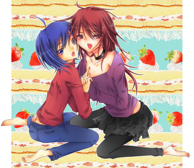2boys, ahoge, artist_request, ass, barefoot, blue_eyes, blue_hair, blush