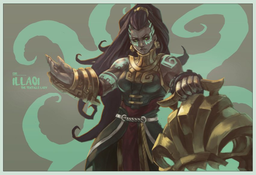 1girl, biceps, bridal_gauntlets, dark_skin, green_eyes, illaoi, league_of_legends, looking_at_viewer