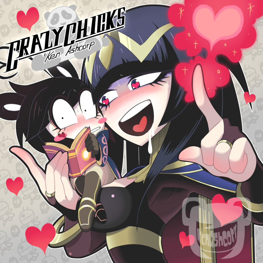 2girls, animal_ears, black_hair, blush, bodysuit, book, gashi-gashi, heart, heart-shaped_pupils, ken_ashcorp, kenny_(ken_ashcorp), long_hair, looking_at_another, looking_at_viewer, multiple_girls, panda, panda_ears, red_eyes, short_hair, shoulder_pads, size_difference, standing, symbol-shaped_pupils, violet_eyes