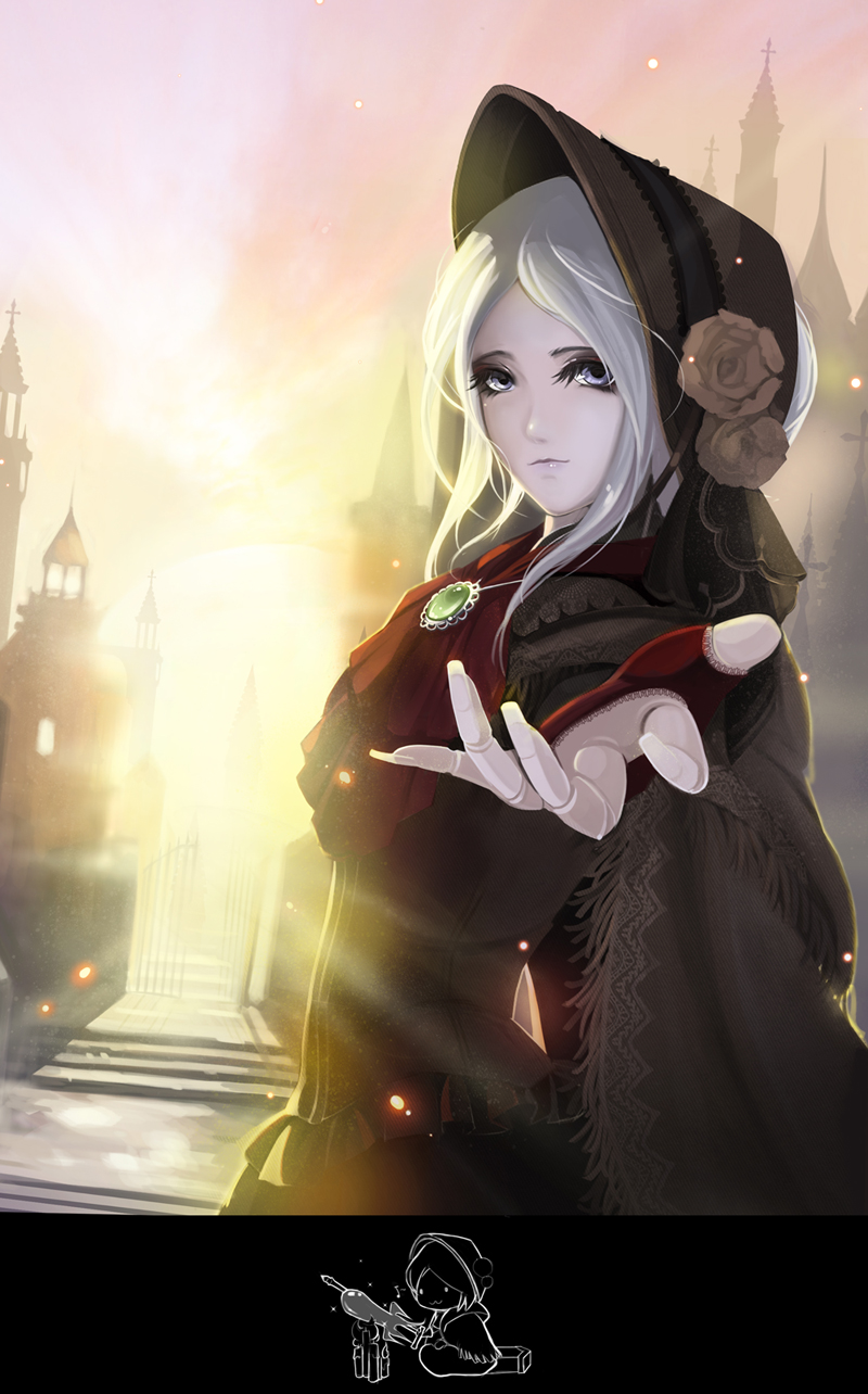 1girl, bloodborne, bonnet, cloak, doll_joints, liuguang_shuiyin, looking_at_viewer, plain_doll, solo, standing, white_hair