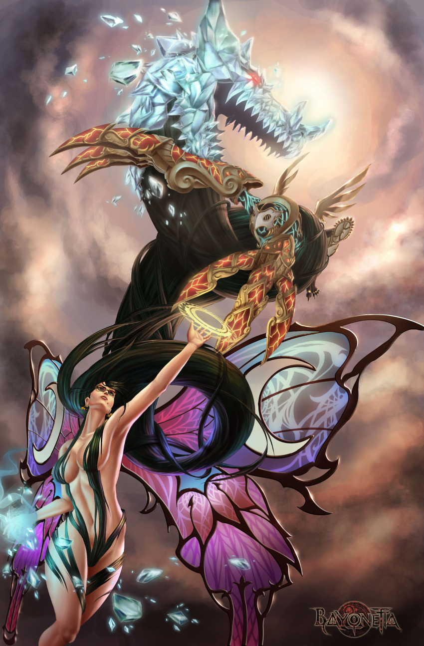 1girl, bayonetta, bayonetta_(character), black_hair, breasts, butterfly_wings, clouds, cloudy_sky, fangs, glasses, ice, monster, navel, sinyo_budi, sky, stomach, wings
