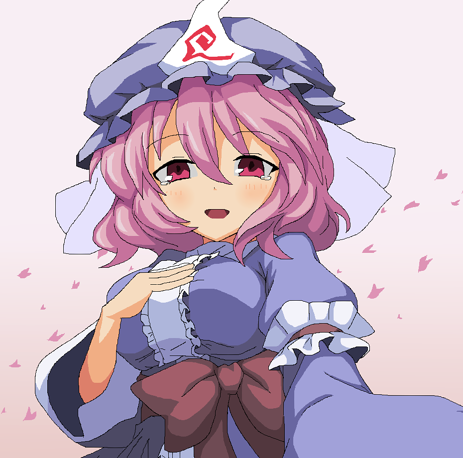 1girl, breasts, hat, nagaresimasu, pink_hair, red_eyes, saigyouji_yuyuko, short_hair