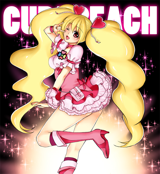 \m/, blonde_hair, boots, choker, cure_peach, earrings, fresh_precure!, fresh_pretty_cure!