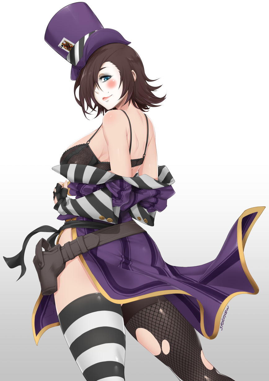 1girl, asymmetrical_legwear, belt, black_gloves, borderlands, borderlands_2, breasts, brown_hair