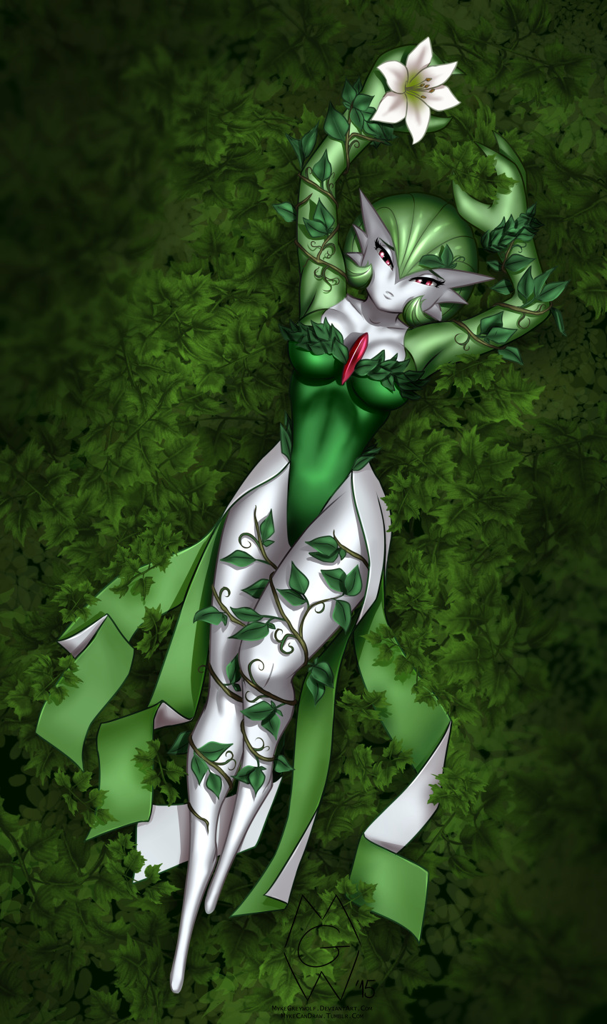 1girl, batman_(series), breasts, crossover, dc_comics, female, flower, gardevoir, green_hair, green_skin, leaf, legs, lying, mykegreywolf, poison_ivy, poison_ivy_(cosplay), pokemon, pokemon_(game), red_eyes, solo, thighs