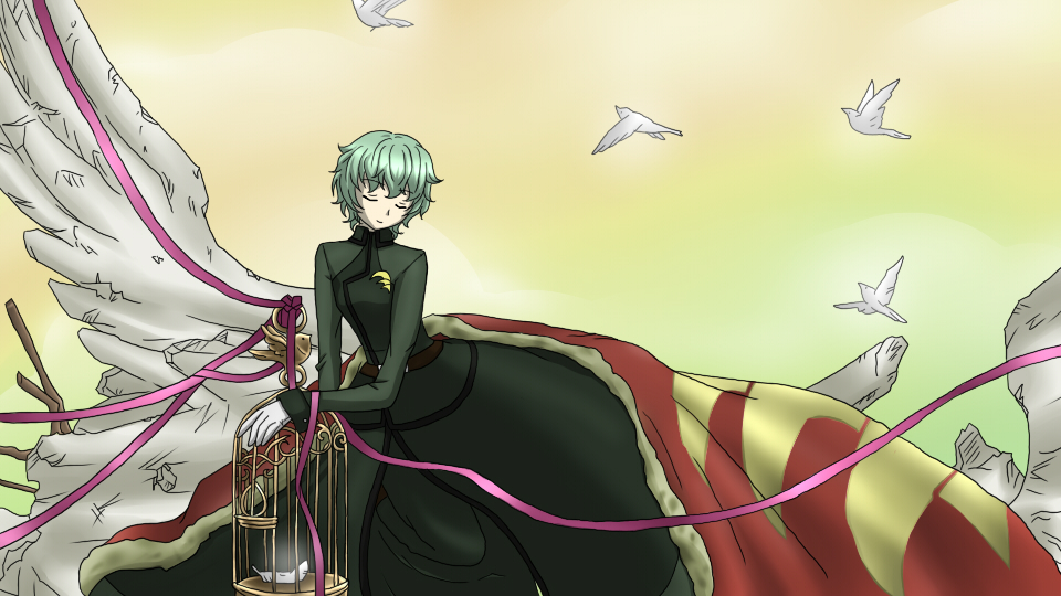 bad_id, bird, cage, closed_eyes, code_geass, derivative_work, green_hair, gundam