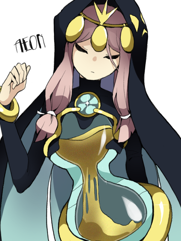 1girl, aeon_(skullgirls), character_name, closed_eyes, female, hood, hourglass, jorin