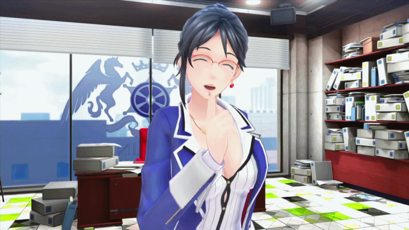 1girl, 3d, animated, animated_gif, atlus, beauty_mark, black_eyes, black_hair, book, breasts, cleavage, closed_eyes, desk, female, finger_wave, genei_ibunroku_#fe, glasses, jacket, large_breasts, shimazaki_maiko, short_hair, solo, talking