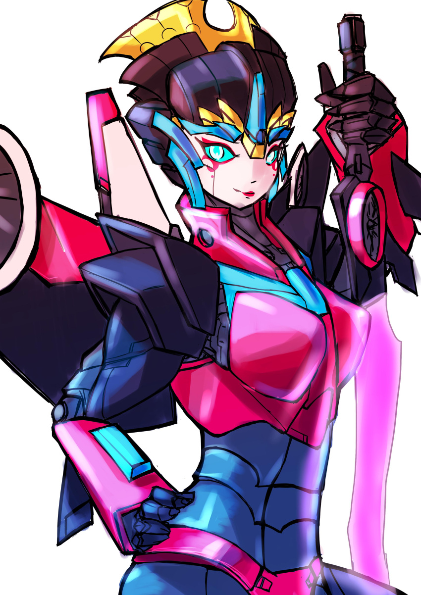 1girl, autobot, blue_eyes, breasts, lipstick, makeup, mecha_girl, oberon826